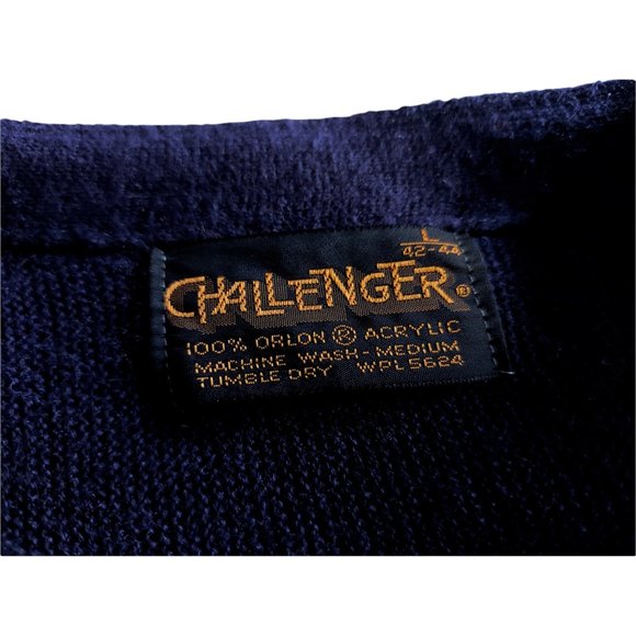 VTG CHALLENGER Men's Navy Blue Acrylic Turtle Logo Cardigan Size Large - Picture 8 of 8